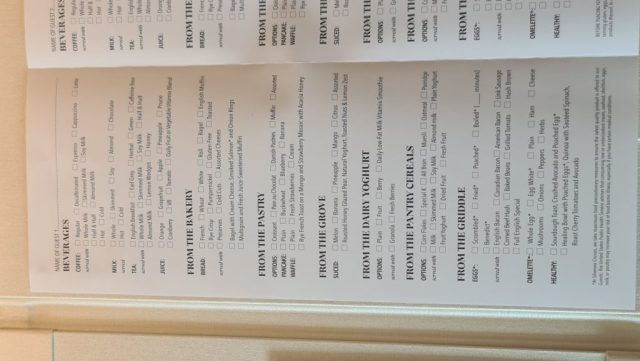 Room Service Breakfast menu